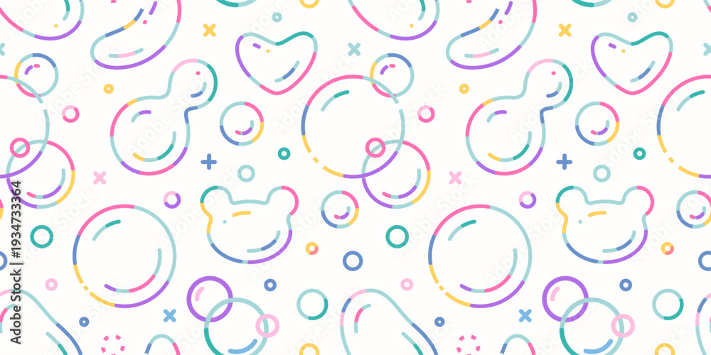 Fototapeta premium Seamless pattern with Rainbow soap bubbles, various shapes and colorful outlines. Iridescent transparent spheres. Trendy modern vector illustration on light background, flat design