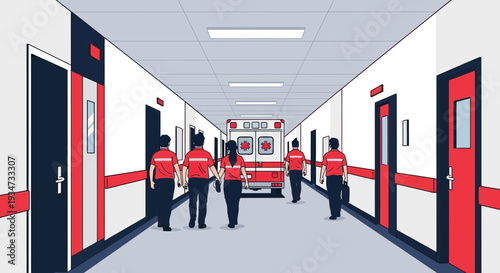 Hospital Emergency Response Team Transports Patient To Ambulance Through Long Corridor