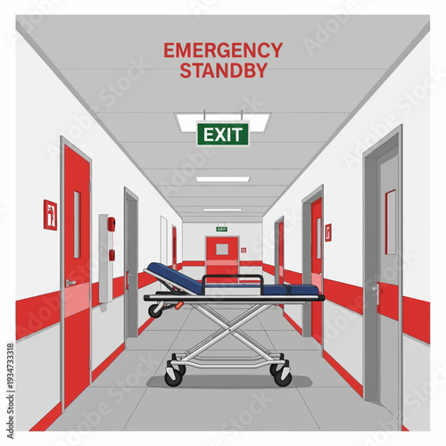 Hospital Emergency Room Corridor Illustration with Stretcher and Exit Sign Displayed Clearly