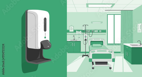Hospital Hygiene And Cleanliness Focus Depicted With Sanitizer And Patient Room Illustration