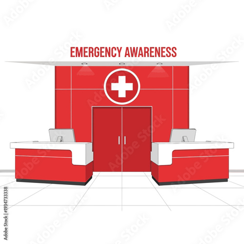 Hospital Emergency Room Entrance Design: Modern Red and White Reception Area and Signage