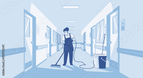 Hospital Hygiene Employee Cleaning The Hallway, Keeping Public Spaces Clean And Safe