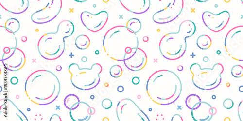 Seamless pattern with Rainbow soap bubbles, various shapes and colorful outlines. Iridescent transparent spheres. Trendy modern vector illustration on light background, flat design