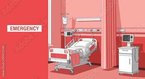 Hospital Emergency Room Illustration Featuring Bed, Medical Equipment And Red Color Palette