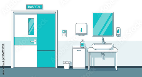 Hospital Hygiene Room Illustration: Doorway, Sink, Mirror, Sanitizer, and Cleanliness Design