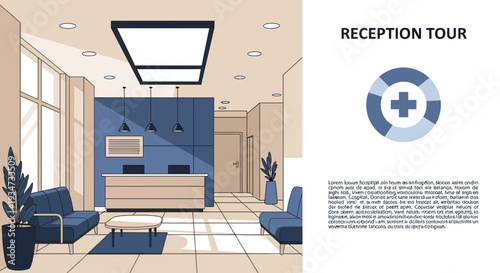 Hospital Entrance Illustration Depicting Reception Tour With Modern Design and Clean Aesthetic