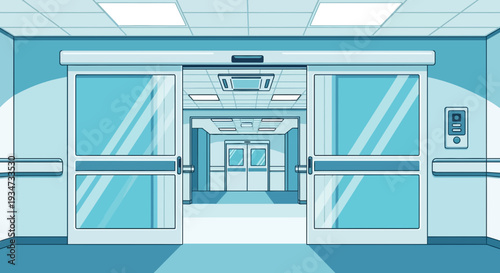 Hospital Entrance Illustration Depicting Modern Architectural Design And Blue Tones