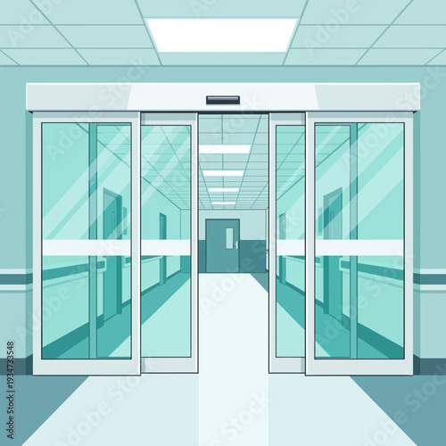 Hospital Entrance: Illustrative View of Automated Doors and Corridor with Ambient Lighting