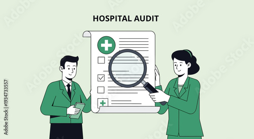 Hospital Inspection Process Depicted With Professionals Analyzing Health Documents For Review