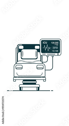 Hospital Intensive Care Unit Bedside Medical Equipment Depiction in Clean Minimalist Style