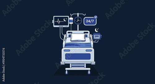 Hospital Intensive Care Bed With Medical Equipment Icon Illustration For Health Care.