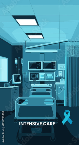 Hospital Intensive Care Unit Interior Depicting Modern Medical Equipment and Patient Bed