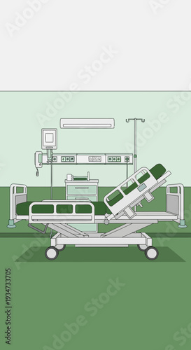 Hospital Interior Depiction Featuring Bed Equipment for Patient Care and Treatment Visualization