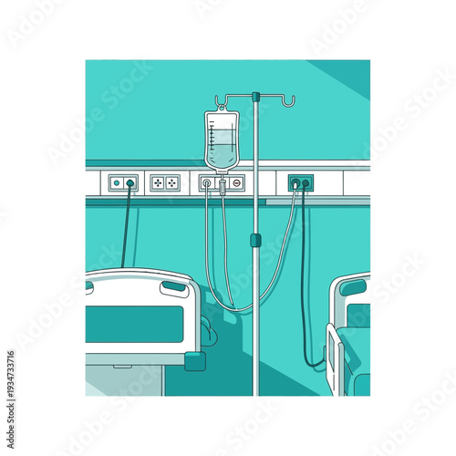 Hospital Interior Depiction Featuring Intravenous Equipment And Medical Beds Illustrating Healthcare
