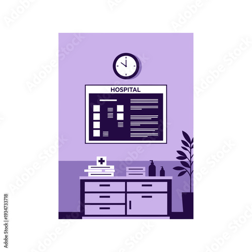 Hospital Interior Depiction Featuring Information Board, Clock, and Healthcare Related Elements