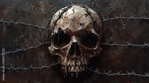 Rusty skull wrapped in barbed wire on weathered metal background