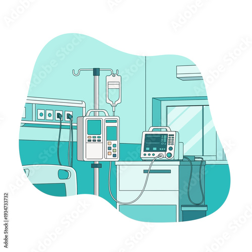 Hospital Interior Depiction Illustrating Medical Equipment and Treatment Environment for Patients