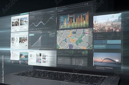 Wallpaper Mural A futuristic laptop displays a dynamic interface with graphs and cityscapes Torontodigital.ca