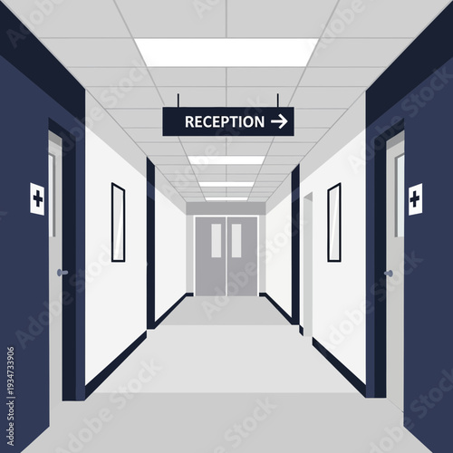 Hospital Interior Perspective View Depicting Reception Area with Illuminated Ceiling Design