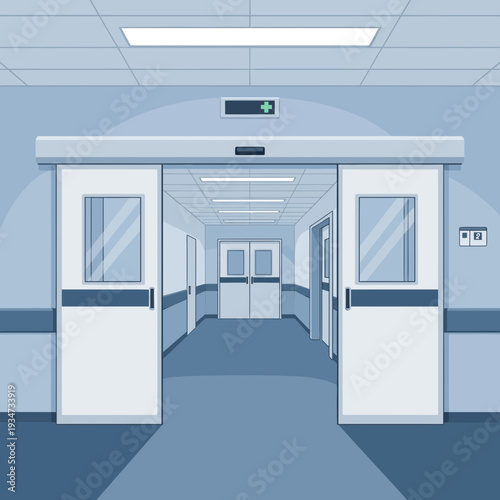 Hospital Interior Perspective: Modern Corridor With Automatic Doors, Clean and Sterile