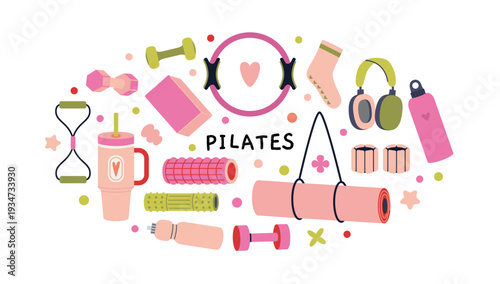 Round composition with Pilates equipment and accessories like Mat, ring, dumbbells, resistance band and roller. Trendy modern vector illustration isolated on white, hand drawn, flat design