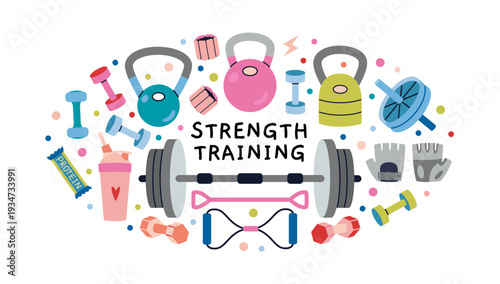 Round composition with Strength training equipment like barbell, kettlebell and dumbbells. Gym fitness gear. Trendy modern vector illustration isolated on white background, hand drawn, flat design