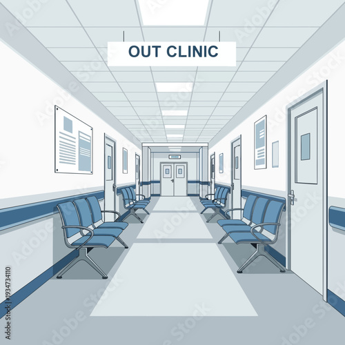 Hospital Outpatient Clinic Corridor Perspective View with Empty Waiting Chairs And Doors
