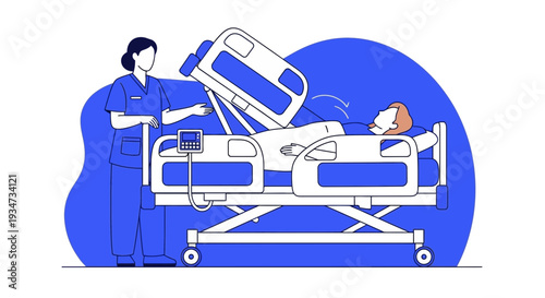 Hospital Patient Bed with a Nurse Assisting and Adjusting the Bed's Position Carefully