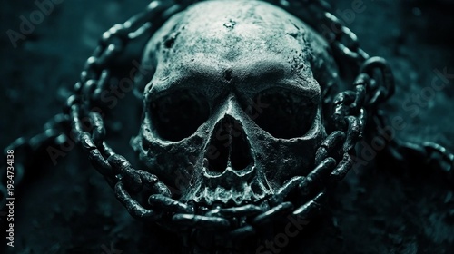 Grim skull wrapped in heavy chains amidst dark eerie atmosphere