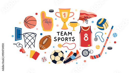 Round composition with Team sports equipment with balls, trophy and uniform. Basketball, soccer and hockey elements. Trendy modern vector illustration isolated on white, hand drawn, flat design