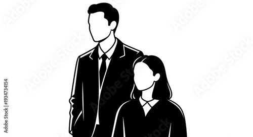 Business professionals standing together, a man and a woman, in formal attire, ready for work.