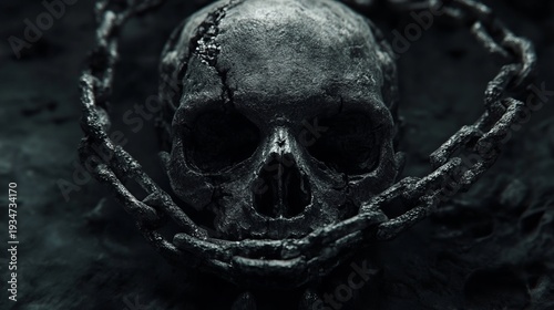 Weathered skull encircled by metallic chain in dark atmosphere