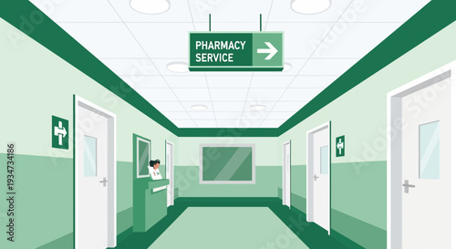 Hospital Pharmacy Hallway Directional Sign Depicting Essential Healthcare Services