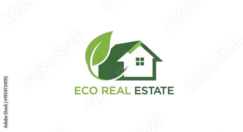 Eco-friendly real estate logo featuring a house and leaf, representing sustainable living.