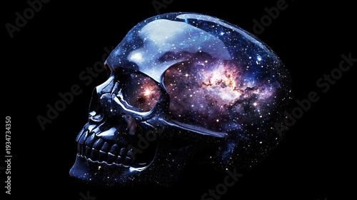 Cosmic skull art with celestial nebula and stars on black background