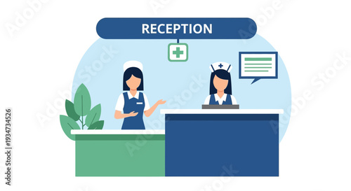 Hospital Reception Design Depicting Nurses and Healthcare Facility Administration Procedures