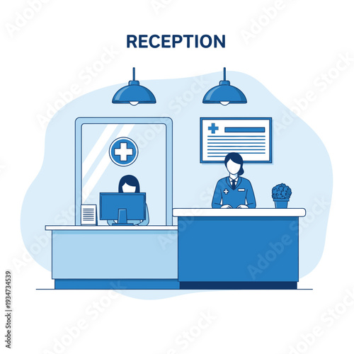 Hospital Reception Design Depicting Staff Members Behind Desks With Computer and Medical Chart