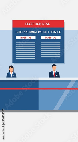 Hospital Reception Desk Displaying International Patient Service Information Professionally Designed