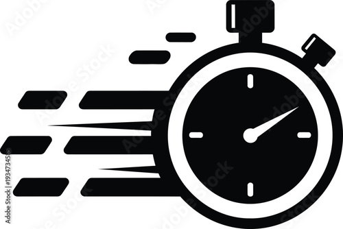 A black and white stopwatch icon with motion lines indicating speed and urgency on white background