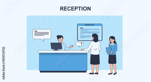 Hospital Reception Desk Illustration: Patients Interacting With The Administrator in The Office