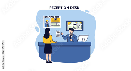 Hospital Reception Desk Illustration: Patient Interaction and Information Resources Depiction