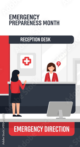 Hospital Reception: Emergency Preparedness Reminder Featuring Staff and Patient Interaction