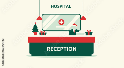 Hospital Reception During Christmas, Festive Healthcare Illustration, Holiday Decoration