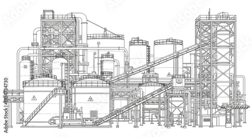 Detailed industrial plant illustration showcasing complex machinery and infrastructure elements.