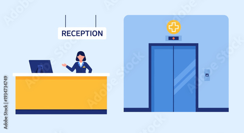 Hospital Receptionist: Illustrative Medical Building Featuring Patient Services and Elevator Access