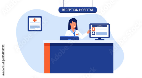 Hospital Receptionist Guiding Patients, Presenting Information on Computer, and Providing Assistance