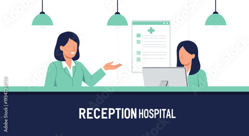 Hospital Reception Illustration Depicting Two Women Assisting Patients And Providing Support
