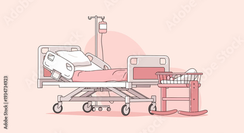 Hospital Room And Cradle Depicting Postpartum Care And Newborn Baby Illustration