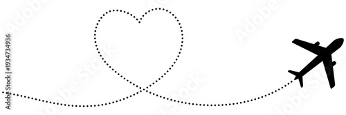 Airplane with dotted line path with heart shape. Vector illustration isolated on white.