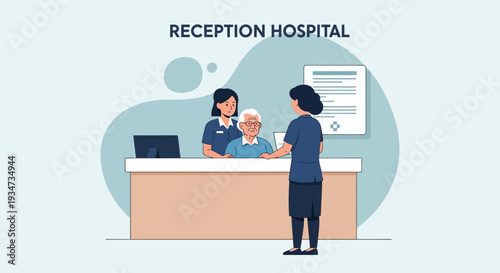 Hospital Reception Scene Depicting Medical Staff Assisting a Senior Patient Patient Inquiries